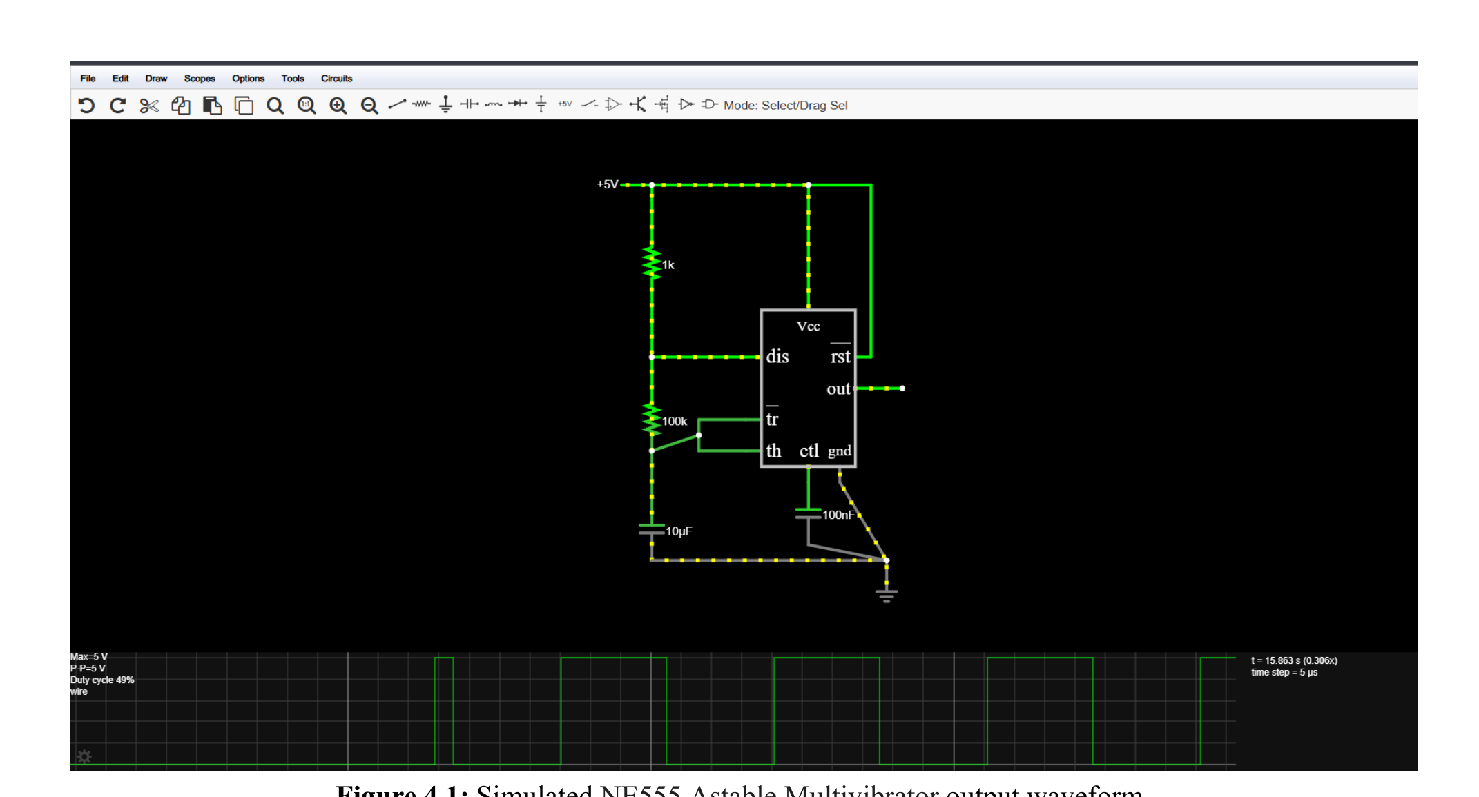 NE555 Astable Multivibrator Falstad Simulation